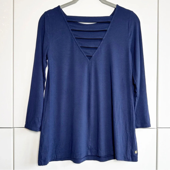 Lilly Pulitzer Navy Blue 3/4 Sleeve Top With Strappy Back Detail Size XS T Shirt - Picture 1 of 8